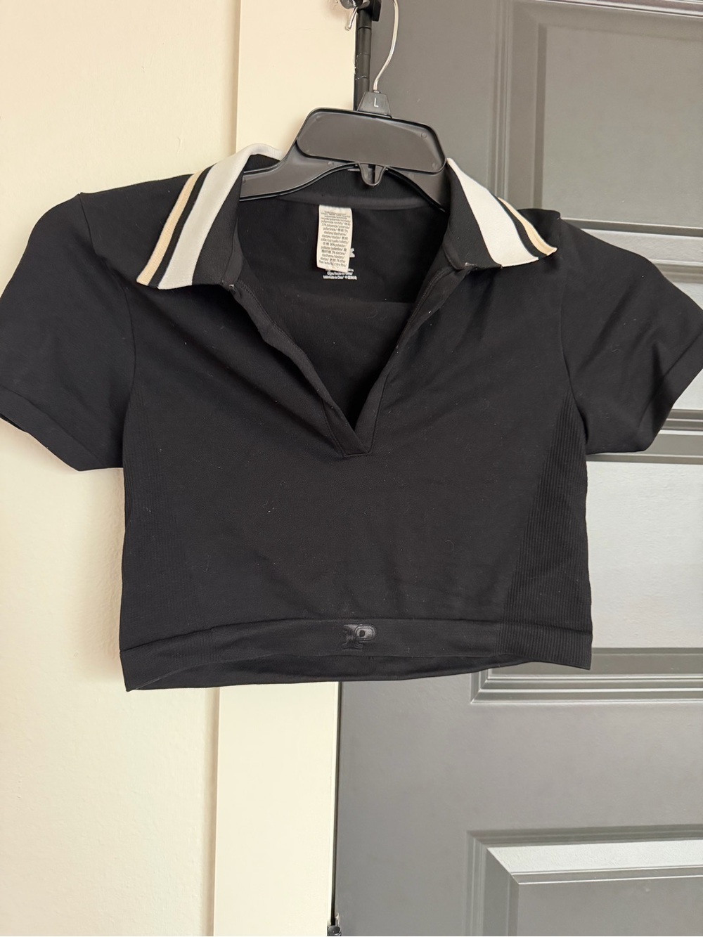 Pink Victoria Secret Black Cropped Polo Top with Striped Contrast Collar